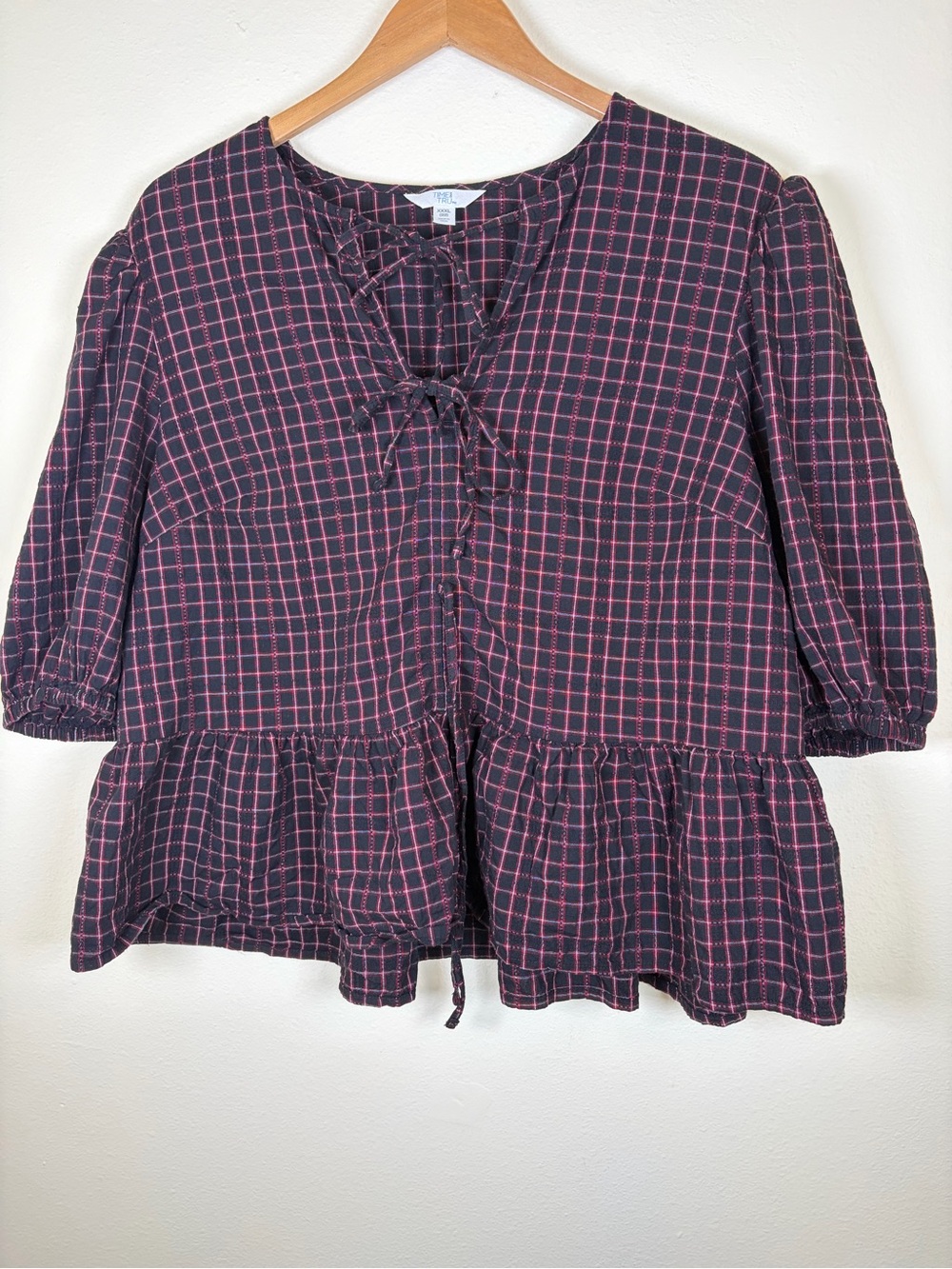 Time and Tru Plaid Peplum Tie Front Blouse XXXL 22